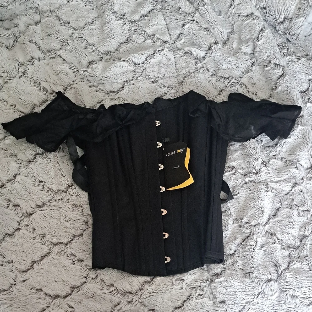 NWT Corset Story Black Cotton Corset Top With Double Frilled Sleeve - Picture 2 of 3